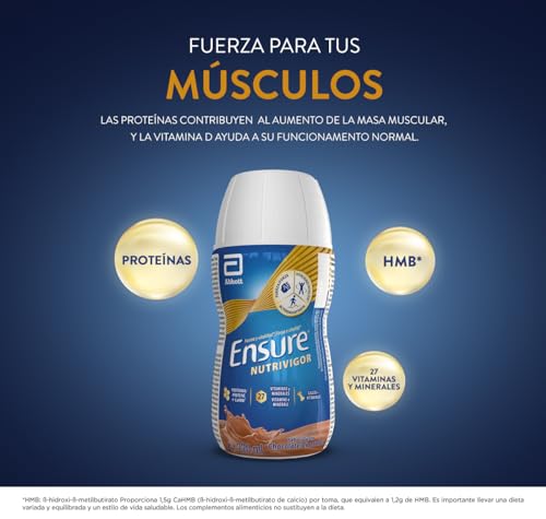 Ensure Nutrivigor - Complemento Alimenticio para Adultos, con HMB, Proteínas, Vitaminas y Minerales, como el Calcio - Sabor Chocolate - Pack de 8 Botellas x 220 ml