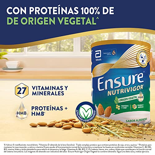 Ensure Nutrivigor Origen Vegetal – Sabor Almendra- Complemento Alimenticio para Adultos, con HMB, Proteínas, Vitaminas y Minerales, como el Calcio- Lata de 400 g​