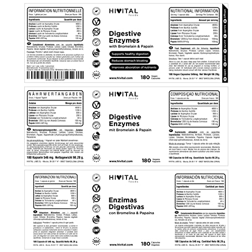 Enzimas Digestivas. 180 cápsulas veganas para 6 meses. Amilasa, Proteasa, Lactasa, Lipasa, Celulasa, Bromelina y Papaína. Para mejorar la digestión y reducir la hinchazón estomacal