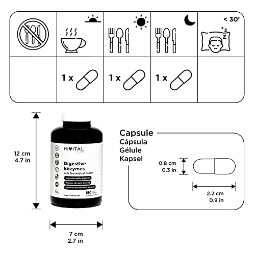 Enzimas Digestivas. 180 cápsulas veganas para 6 meses. Amilasa, Proteasa, Lactasa, Lipasa, Celulasa, Bromelina y Papaína. Para mejorar la digestión y reducir la hinchazón estomacal