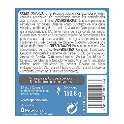 EPAPLUS Arthicare Colágeno + Ácido Hialurónico + Magnesio 224 comprimidos, Vitaminas B1, B2, B6, C, Articulaciones Fuertes y Piel Tersa