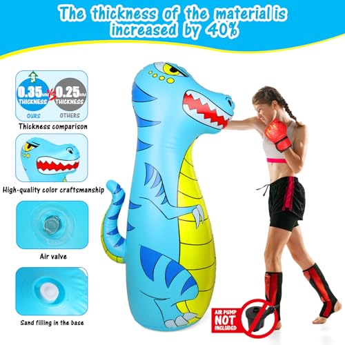 EQARD Saco de Boxeo Niños 120cm Hinchable Dinosaurio Bolsa de Boxeo con Material Más Grueso Rebote Instantáneo con Guantes de Boxeo Karate Kickboxing Taekwondo Regalo para niños de 3 a 9 Años