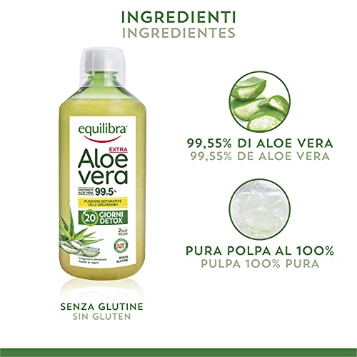 Equilibra Suplementos Dietéticos, Aloe Vera Extra 99,5%, Suplemento de Aloe Vera para Beber Puro o Diluido, Sin Aloína, Detox, Pulpa Pura, Sin Agua Añadida, Producto Vegano, Sin Gluten, 1 Litro