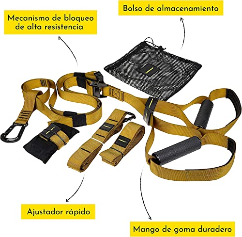 Equipo de Entrenamiento de Suspensión Best. Bandas Ajustables de Entrenamiento Mangos de Goma y Alta Resistencia hasta 450kg. Ideal para Uso en Casa, Gimnasio, Fitness, Deporte