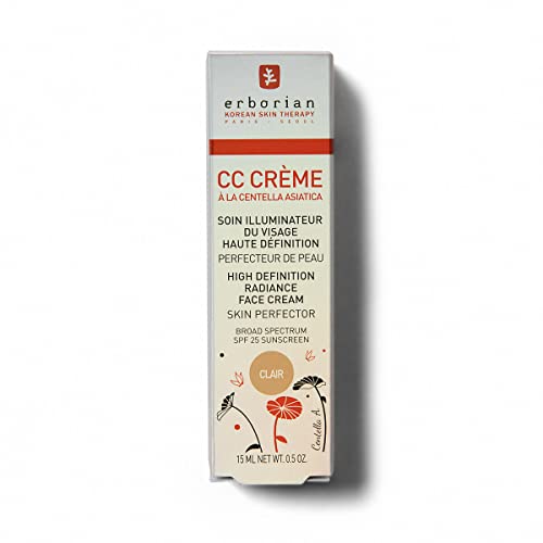 Erborian Crema CC con centella asiática, tratamiento iluminador y maquillaje para el cutis de alta definición, cuidado facial cosmético coreano con SPF 25, transparente, 15 ml