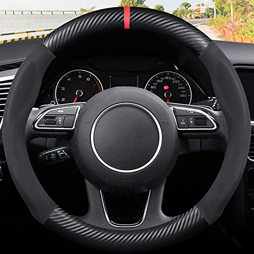 Ergocar Forma Redonda Fibra de Carbono y Cuero PU de Microfibra Funda Volante Coche Antideslizante Accesorios Coche Transpirable Estilo Deportivo Para diámetro 38cm （15 "）-Negro Rojo