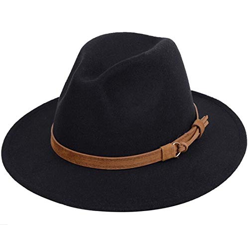 ericotry Clásico Unisex Negro Ala Ancha Fedora Sombrero Cinturón Hebilla Lana Fieltro Sombrero Panamá Sombrero Jazz Sombrero Fedora Gorra