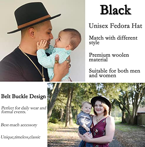 ericotry Clásico Unisex Negro Ala Ancha Fedora Sombrero Cinturón Hebilla Lana Fieltro Sombrero Panamá Sombrero Jazz Sombrero Fedora Gorra