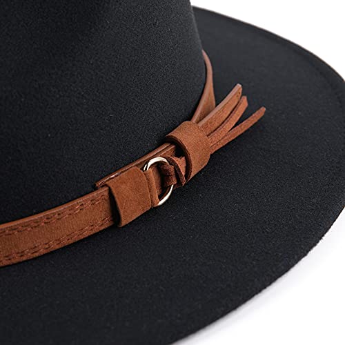 ericotry Clásico Unisex Negro Ala Ancha Fedora Sombrero Cinturón Hebilla Lana Fieltro Sombrero Panamá Sombrero Jazz Sombrero Fedora Gorra