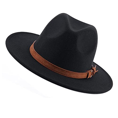 ericotry Clásico Unisex Negro Ala Ancha Fedora Sombrero Cinturón Hebilla Lana Fieltro Sombrero Panamá Sombrero Jazz Sombrero Fedora Gorra