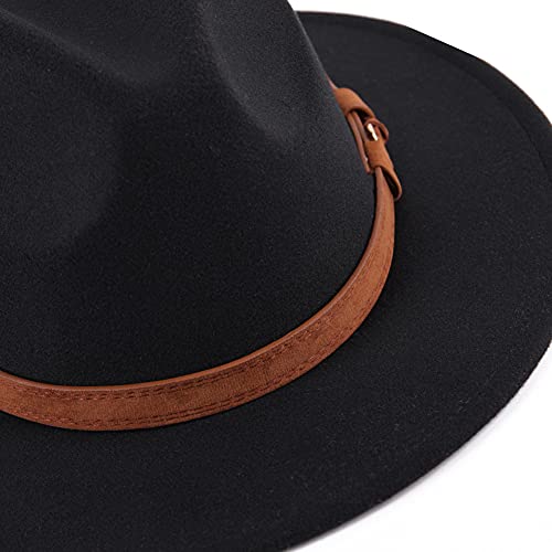 ericotry Clásico Unisex Negro Ala Ancha Fedora Sombrero Cinturón Hebilla Lana Fieltro Sombrero Panamá Sombrero Jazz Sombrero Fedora Gorra