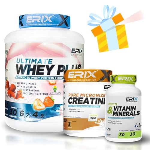 ERIX NUTRICION | PACK WHEY PLUS 2KG + CREATINA 300 GR + MULTIVITAMINICO 30 caps + SHAKER REGALO! (Fresa)