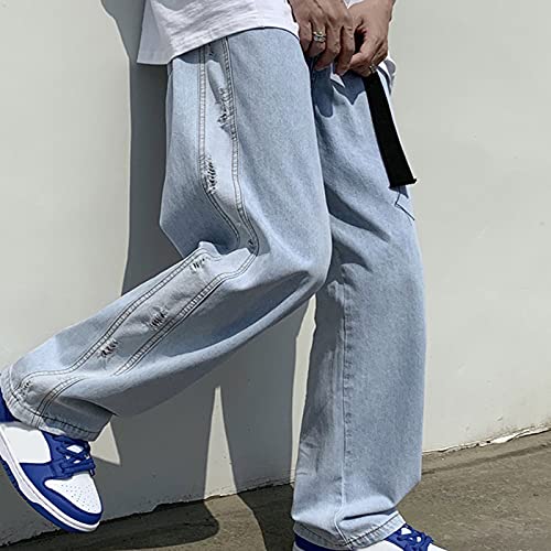 erren Patchwork Jeans Baggy Hip Hop Jeans Jeans Jeans Pantalones anchos de pie suelto para hombre Street Plus Size Pantalones de moda para hombre Jean Camisa, azul, M