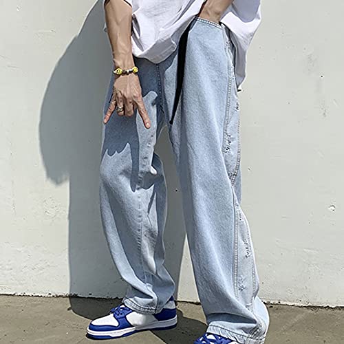 erren Patchwork Jeans Baggy Hip Hop Jeans Jeans Jeans Pantalones anchos de pie suelto para hombre Street Plus Size Pantalones de moda para hombre Jean Camisa, azul, M