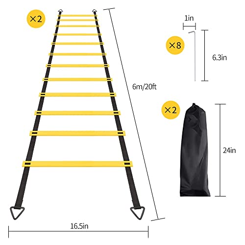 ERTYUI Juego de escalera de agilidad, 2 unidades de 6 m, 12 peldaños, escalera de entrenamiento de agilidad y equilibrio, con 8 estacas de acero y 2 bolsas de transporte, para fútbol, velocidad,