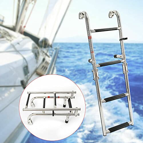 Escalera de barco de 4 peldaños con amplia plataforma y plegable para pontones marinos y barcos de pesca