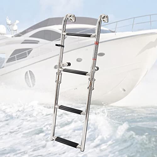 Escalera de barco de 4 peldaños con amplia plataforma y plegable para pontones marinos y barcos de pesca