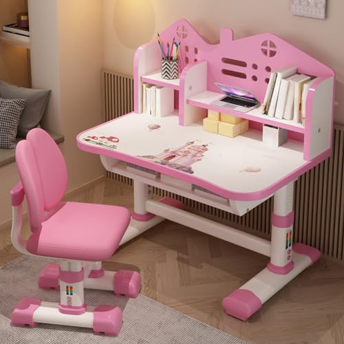 Escritorio para niños, color rosa, juego de mesa de estudio y silla, antideslizante, estable, protege la vista, escritorio infantil, adecuado para niños y niñas (rosa)