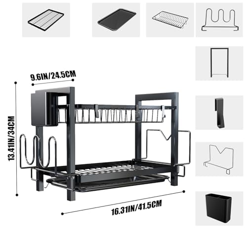 Escurridor de Platos de Niveles, Escurridor Platos de Gran Capacidad, Estante de Platos de Cocina Organza para Utensilios, Negro