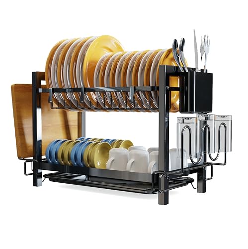 Escurridor de Platos de Niveles, Escurridor Platos de Gran Capacidad, Estante de Platos de Cocina Organza para Utensilios, Negro