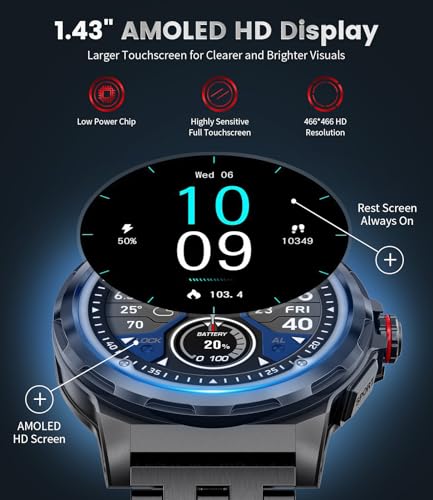 ESFOE Smartwatch Hombre Militar con Llamadas Bluetooth, IP68 Impermeable Smartwatch con 129+ Modos Deportivos/SpO2/Pulsómetro/Monitor de Sueño,Reproducir Música,Reloj Inteligente Hombre iOS Android