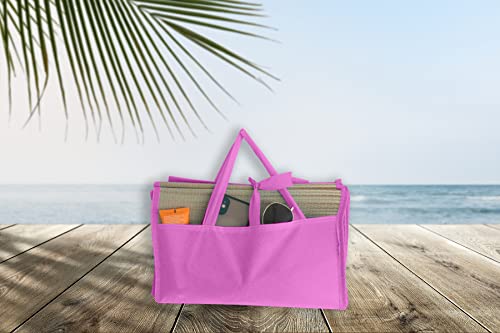 Esterilla de Playa de Paja para la Playa, 180 x 70 cm, con asa, Manta para Playa Plegable con Almacemiento para Llevar Gafa de Sol, Crema Solar, Ideal para Viajar, Camping, Playa y Picnic (Rosa)