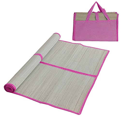 Esterilla de Playa de Paja para la Playa, 180 x 70 cm, con asa, Manta para Playa Plegable con Almacemiento para Llevar Gafa de Sol, Crema Solar, Ideal para Viajar, Camping, Playa y Picnic (Rosa)