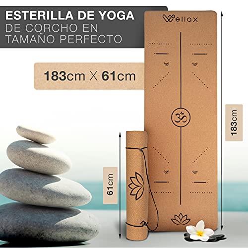 Esterilla para yoga de corcho WELLAX – Antideslizante, sostenible y sin sustancias nocivas – Esterilla para yoga de corcho gruesa 183x61x0,6cm – Correa y bolsa – Esterilla para yoga, pilates, fitness