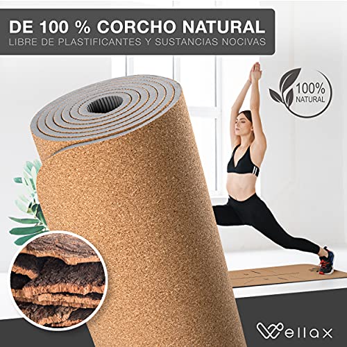 Esterilla para yoga de corcho WELLAX – Antideslizante, sostenible y sin sustancias nocivas – Esterilla para yoga de corcho gruesa 183x61x0,6cm – Correa y bolsa – Esterilla para yoga, pilates, fitness