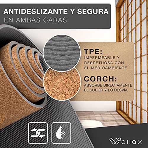 Esterilla para yoga de corcho WELLAX – Antideslizante, sostenible y sin sustancias nocivas – Esterilla para yoga de corcho gruesa 183x61x0,6cm – Correa y bolsa – Esterilla para yoga, pilates, fitness