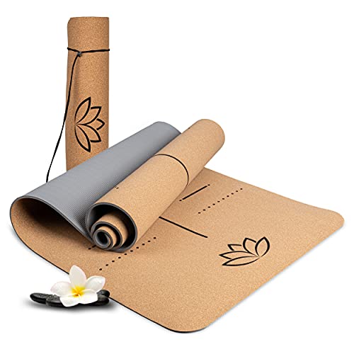 Esterilla para yoga de corcho WELLAX – Antideslizante, sostenible y sin sustancias nocivas – Esterilla para yoga de corcho gruesa 183x61x0,6cm – Correa y bolsa – Esterilla para yoga, pilates, fitness