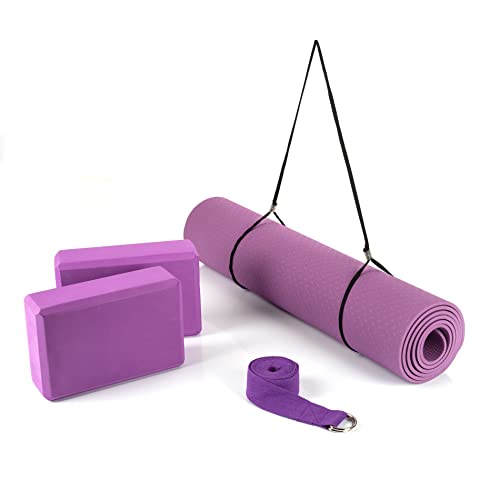 Esterilla yoga antideslizante con Bloque, Cinturon y Cinta - tapete fitness, colchoneta para deporte