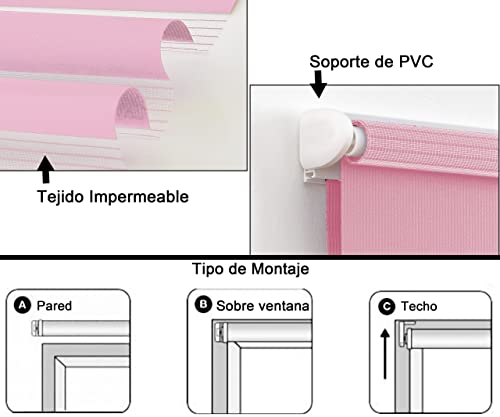 Estor Enrollable de Doble Capa Noche y Día 45x180cm (Ancho x Largo), Persiana Enrollbale para Ventana, tamaño de la Tela 42x175cm(Rosa)