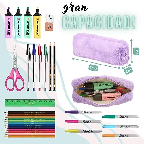 Estuche Escolar para mujer - Estuches Escolares para Guardar Material De Papelería O Maquillaje De Peluche En Color Pastel - Neceser Pequeño De Un Compartimento (Rosa)