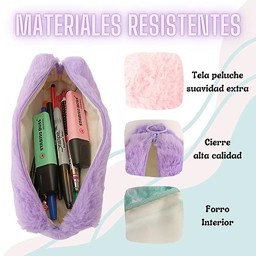 Estuche Escolar para mujer - Estuches Escolares para Guardar Material De Papelería O Maquillaje De Peluche En Color Pastel - Neceser Pequeño De Un Compartimento (Rosa)