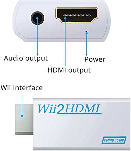 eSynic Wii a HDMI Convertidor Wii a HDMI Adaptador de 3.5mm Jack Escala la Señal de Wii al Adaptador de Video 1080p Compatible con NTSC 480i 480p PAL 576i con Cable HDMI-Blanco