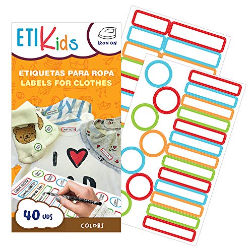 ETIKIDS 40 Etiquetas para ropa personalizables para la guardería y colegio. Pegatinas termoadhesivas con dibujos para escribir el nombre con bolígrafo resistentes a la lavadora y secadora. (Color)