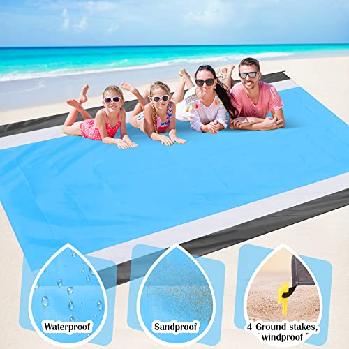 Eucomir Alfombra de Playa Esterilla Playa 200x210CM,Manta de Picnic Plegable y Portátil con 4 Clavos de fijación+Drawstring Pocket*1+Carabiner*1,para la Playa,Camping y al Aire Libre,Azul Claro