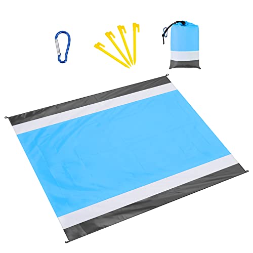 Eucomir Alfombra de Playa Esterilla Playa 200x210CM,Manta de Picnic Plegable y Portátil con 4 Clavos de fijación+Drawstring Pocket*1+Carabiner*1,para la Playa,Camping y al Aire Libre,Azul Claro