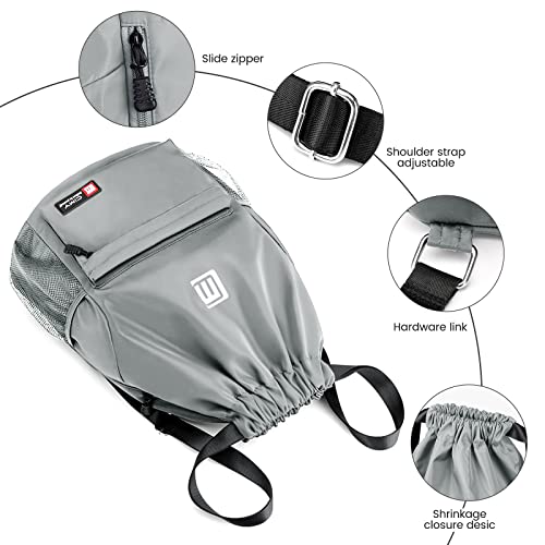 Eucomir Mochilas De Cuerdas, Mochila Deporte Mochila Gym De Malla Agua, Bolsa De Cordón Impermeable De Nylon Bolsa De Gimnasio Cordón Con Cremallera Exterior Para Deportes Vacaciones,Gris