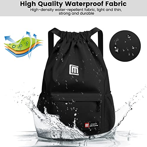 Eucomir Mochilas De Cuerdas, Mochila Deporte Mochila Gym De Malla Agua, Bolsa De Cordón Impermeable De Nylon Bolsa De Gimnasio Cordón Con Cremallera Exterior Para Deportes Vacaciones,Negro