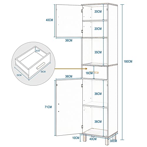 EUGAD Armario Baño Alto, Armario Columna de Almacenamiento, Mueble Baño Blanco con 2 Puertas, 4 Compartimentos Interiores, 1 Compartimento Abierto y 1 Cajón, MDF, 39x30x179 cm