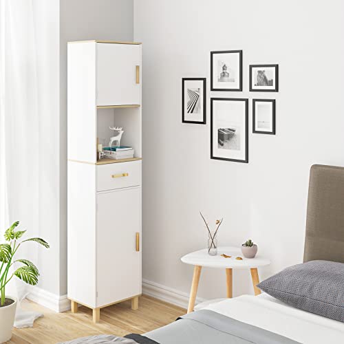 EUGAD Armario Baño Alto, Armario Columna de Almacenamiento, Mueble Baño Blanco con 2 Puertas, 4 Compartimentos Interiores, 1 Compartimento Abierto y 1 Cajón, MDF, 39x30x179 cm