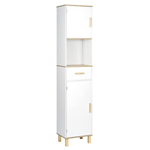 EUGAD Armario Baño Alto, Armario Columna de Almacenamiento, Mueble Baño Blanco con 2 Puertas, 4 Compartimentos Interiores, 1 Compartimento Abierto y 1 Cajón, MDF, 39x30x179 cm