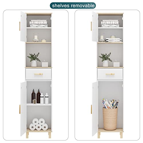 EUGAD Armario Baño Alto, Armario Columna de Almacenamiento, Mueble Baño Blanco con 2 Puertas, 4 Compartimentos Interiores, 1 Compartimento Abierto y 1 Cajón, MDF, 39x30x179 cm