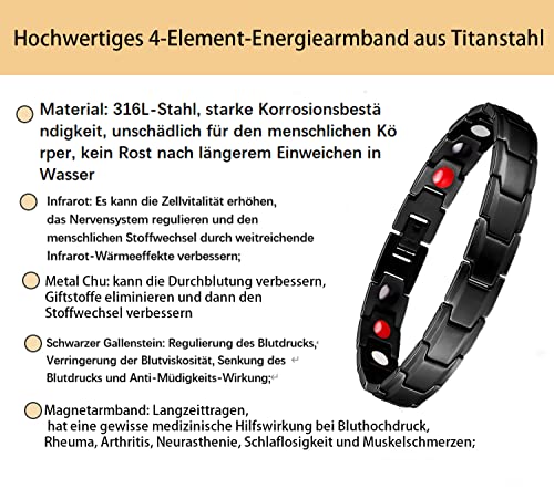 EUMENIDES Pulsera magnética de acero de titanio para hombre, pulsera magnética de 4 elementos, elimina la electricidad estática, mejora la circulación, alivia el estrés (pulsera magnética negra)