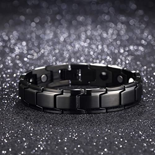 EUMENIDES Pulsera magnética de acero de titanio para hombre, pulsera magnética de 4 elementos, elimina la electricidad estática, mejora la circulación, alivia el estrés (pulsera magnética negra)