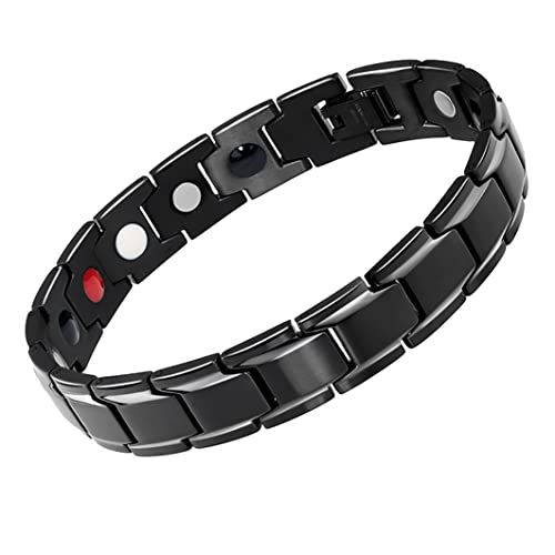 EUMENIDES Pulsera magnética de acero de titanio para hombre, pulsera magnética de 4 elementos, elimina la electricidad estática, mejora la circulación, alivia el estrés (pulsera magnética negra)