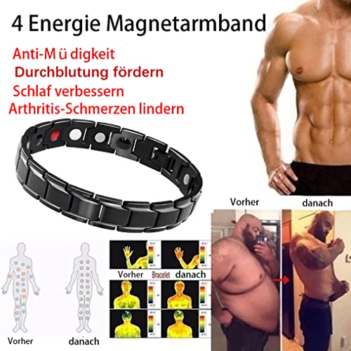 EUMENIDES Pulsera magnética de acero de titanio para hombre, pulsera magnética de 4 elementos, elimina la electricidad estática, mejora la circulación, alivia el estrés (pulsera magnética negra)