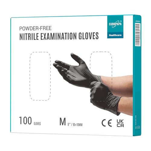 EUROPAPA 100 Guantes De Nitrilo Desechables, Guantes Desechables, Guantes De Examen, Guantes De Nitrilo, Sin Polvo, Sin LÁTex, No EstÉRiles, Sin LÁTex, Guantes Disponables (M, Negro)